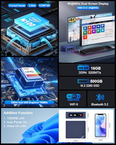 Image of Beelink Mini PC,12th Gen Intel Alder Lake-N100 up to 3.4 GHz, 16GB DDR4 RAM 500GB M.2 SSD Desktop PC, S12 Pro Mini Computers, 4K@60Hz Dual HDMI, USB3.2, WiFi 6 BT5.2, RJ45 LAN, Family-NAS /HTPC
