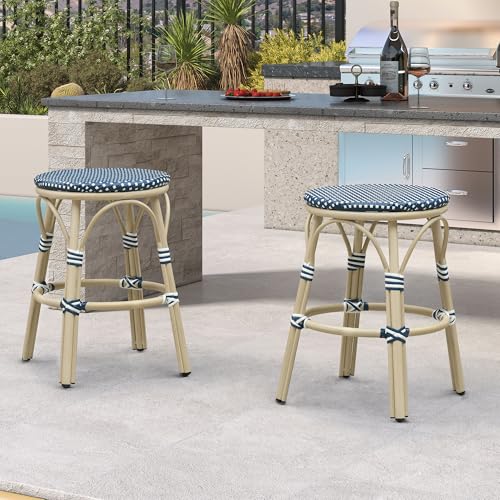 Image of PURPLE LEAF Outdoor French Round 26 inch Counter Stool Set of 2 Large Woven Wicker Backless Armless Barstool White Print Aluminum Frame for Patio Island Kitchen Cafe Rattan Chairs Deep Blue