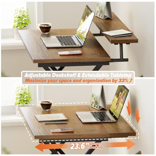 Image of WOHOMO Folding Computer Desk with Adjustable Height, 23.6 inch x 31.5 inch x 25.6 inch Foldable Table with Monitor Stand, Small Office Desk for Bedroom, Space Saving Desk for Home Office, Easy Assemble, Walnut