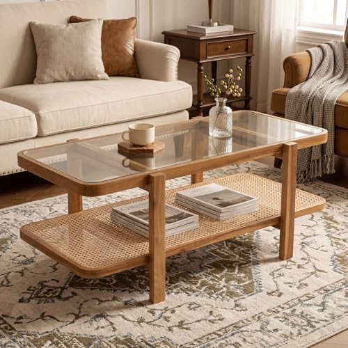Giantex Rattan Coffee Table, 47.5" Rectangle Solid Wood Tea Table w/Tempered Glass Tabletop, Rattan Storage Shelf, 2-Tier Boho Coffee Tables, Farmhouse Center Table for Living Room (Oak)