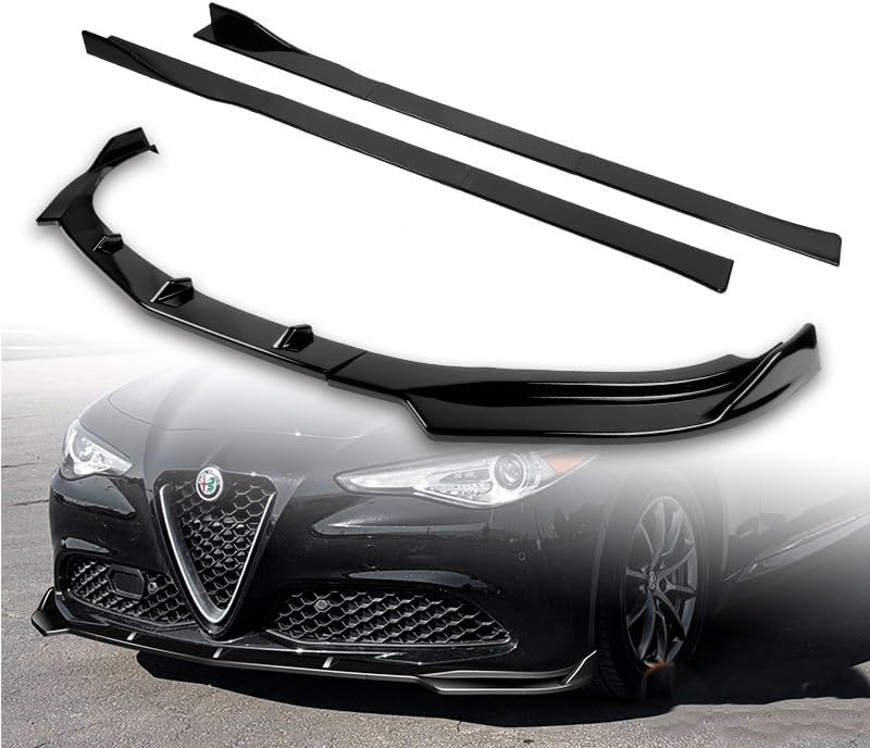 9pcs Combo Front Bumper Body Kit Lip + Side Skirt Extensions Diffuser Compatible with 2017-2021 Alfa Romeo Giulia 2018 2019 2020 (Painted Black)