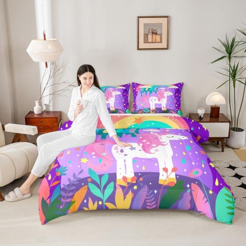 Image of Feelyou Cute Rainbow Unicorn Comforter Twin Size, Girls Cute Unicorn Comforter for Kids Toddler Rainbow Star Galaxy Stars Fantasy Bedding Set Purple Dreamy Horse Printed Duvet Set Microfiber Bed Set