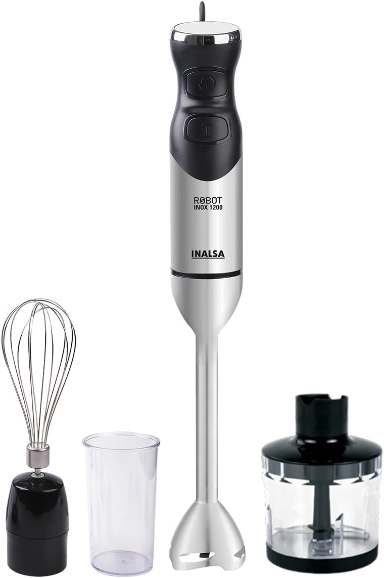 INALSA Electric Hand Blender 1200Watt 100% Copper Motor|Variable Speed and Turbo Function|Low Noise|Anti-Splash Technology|2 Yr Warranty| Home&kitchen |Chopper,Whisker,Multipurpose Jar|(RobotINOX1200)