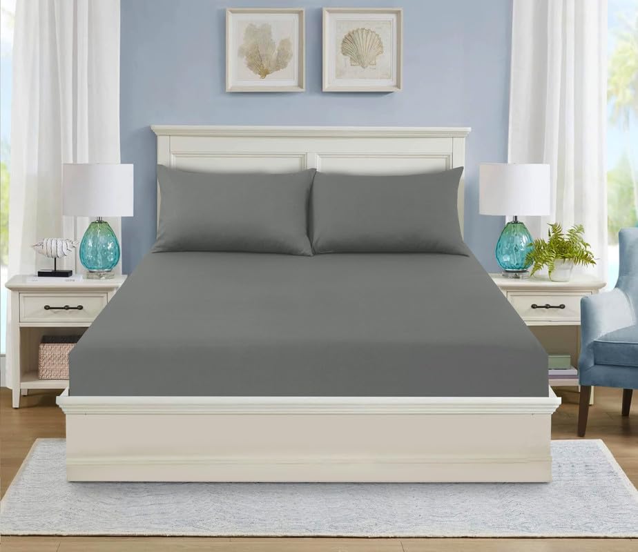 WEAVERS: 3 Pcs Luxury Polycotton 25cm Deep Fitted Sheet with Pillowcase Pair (Size Super King, Colour Grey) โ image 1