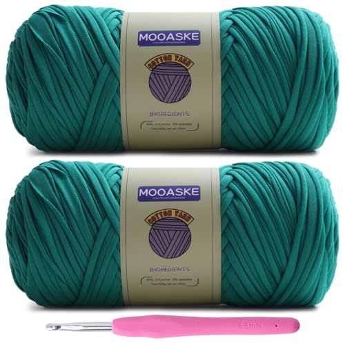 Image of Mooaske 2 Pack T-Shirt Crochet Yarn for DIY Knitting Crochet Cloth Blanket Bag Dolls - 400g Chunky Thick Yarn for Crocheting with Polyester-Spandex Blend Elastic Fabric (Green)