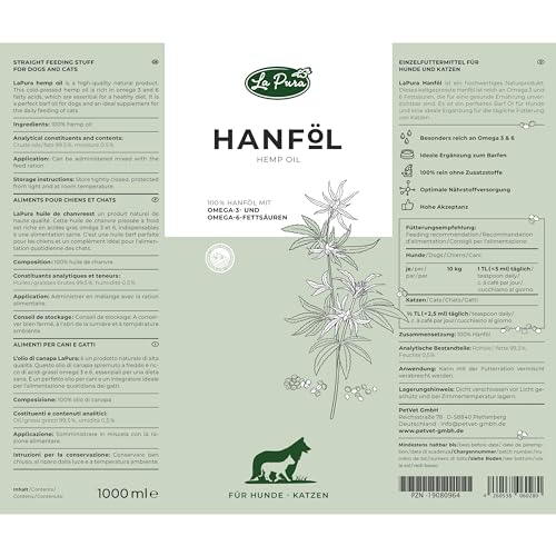 LaPura Hanföl für Hunde & Katzen – für glänzendes Fell & Haut, unterstützt das Immunsystem, Nerven & Verdauung, mit Omega 3 & 6, Vitamin E, kaltgepresst, Barföl 1 L