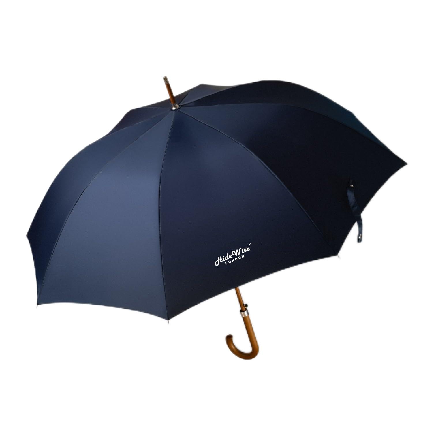 HideWise LONDON Classic Umbrella Crook Curved Wood J Handle Auto Open Anti UV Windproof Strong Brolly (Navy Blue)