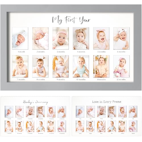 Image of My First Year Photo Frame,12 Months Baby Picture Frame for Newborn Girl, Boy-Baby Shower Gifts Keepsakes,Monthly Baby's One Year Birthday Milestone,1st Nursery Photo Collage Display Board (Cloud Gray)