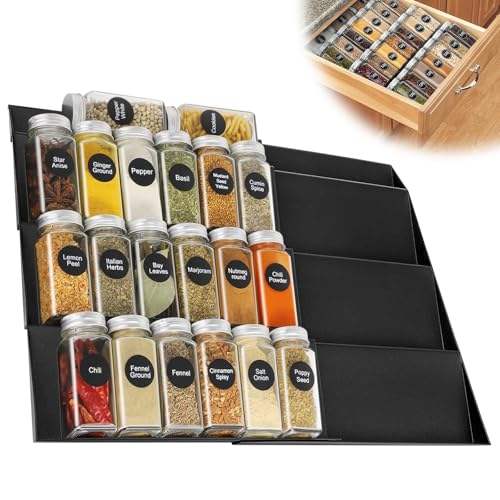 Farerkass Especiero Cajon Extensible de 30cm a 60cm, Organizador Especias Cajon con 4 Niveles, Especieros para Cocina Cajon, Organizador de Especias para Cocina, Diferentes Anchos de Cajones, Negro