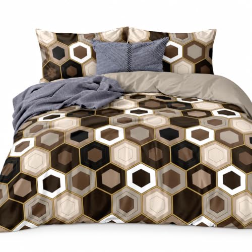 Image of Bedding Set Combo of Double Bed Duvet Cover Set with Fitted Bedsheet & 2 Pillow Covers | 300 TC Cotton Fabric | Zipper Closure |All Round Elastic|Warm Stuff|SED 054|White Brown