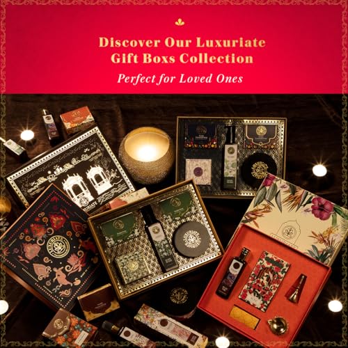 Image of LUXURIATE Fragrance Gift Set Box 4PC - Rose Oudh Perfume, Cinnamon Pillar Candle, Rose Bambooless Incense, Red Wine Lip Balm | Gift for Diwali| Gift for Women | Gift