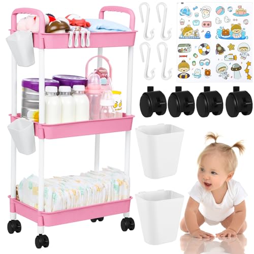 Image of Ripeng 3 Tier Diaper Caddy Movable Baby Diaper Cart Storage Cart Newborn Essentials Caddy Organizer Mobile Shelving Unit for Baby Nursery Changing Table(Pink)