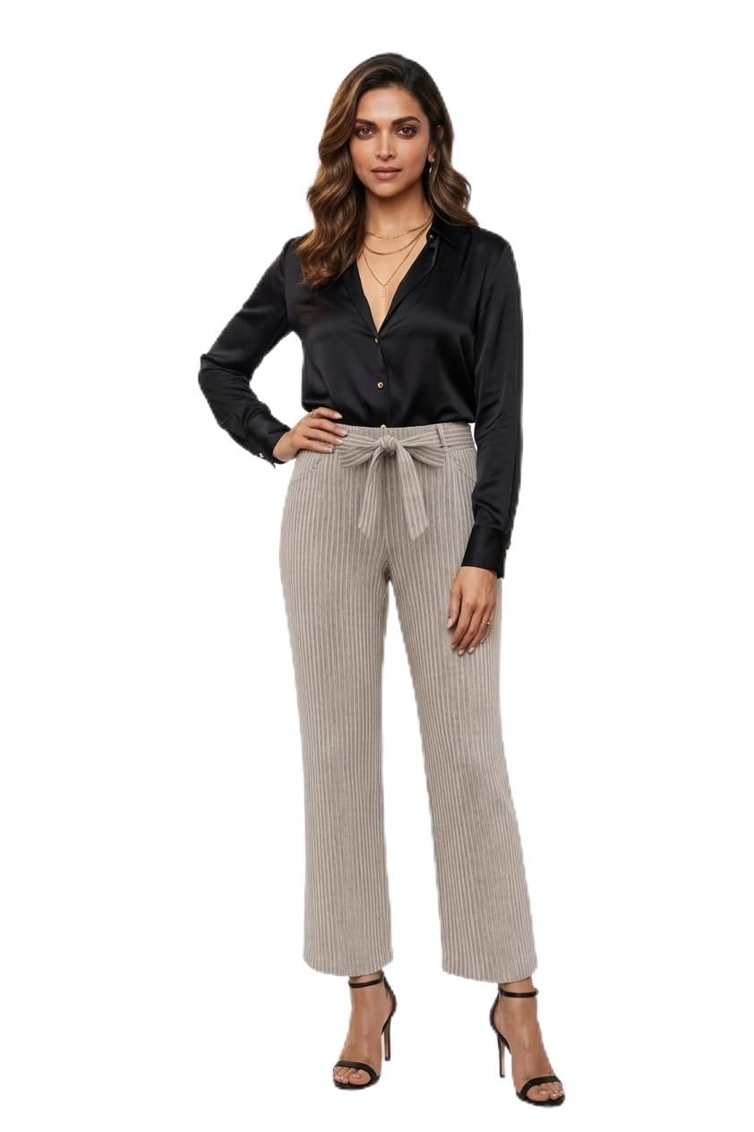 Women's Grey Striped High-Waist Trouser with Matching Bow Belt, Vertical Stripe Design, Professional Style-picture-38