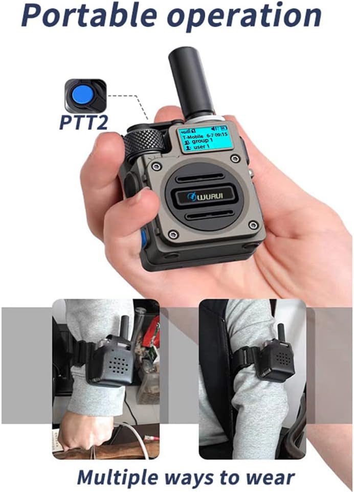 Image demonstrating the TXQ G6 walkie-talkie being held in hand and worn on the wrist and backpack strap, illustrating its portable design.