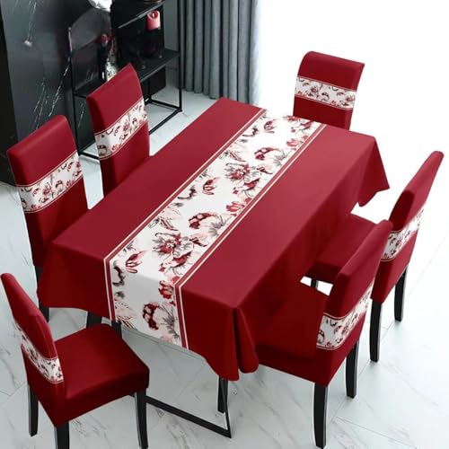 Image of Styleys Dining Chair Cover with Table Covers for Kitchen Waterproof Dining Table Cloth (1 Table Cover + 6 Chair Cover, Floral Wine, K722)