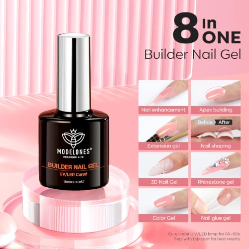 Image of modelones Builder Nail Gel, Nude Blush Berry Builder 8-in-One, Red Nude | Thickening Apex Building Strengthener Short Extension Rubber Color Base Gel Polish for Home DIY Salon GirlsLED Lamp Cured