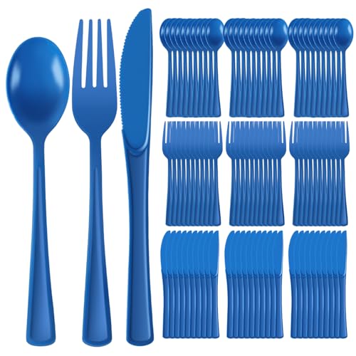 Plastic Silverware 150 PCS Disposable Silverware Heavy Duty Utensil Sets 50 Of Each Forks Knives & Spoons Disposable Cutlery Set For Easter Birthday Baby Shower Garden Party Wedding(150 Blue)