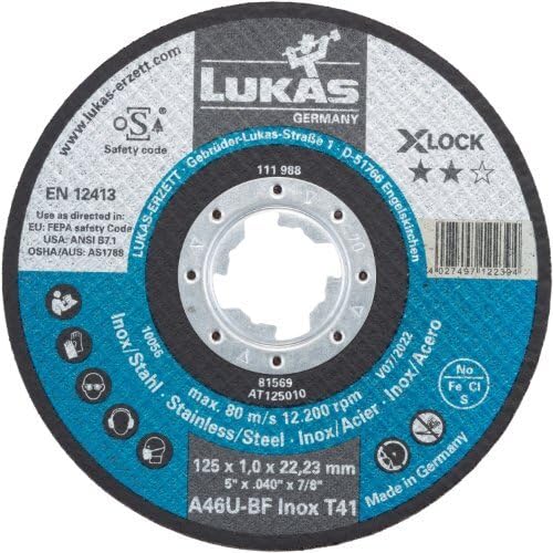 LUKAS-ERZETT - 50 dischi da taglio T41 per acciaio INOX, 125 x 1,0 mm, dritti | con X-LOCK | A46U-BF - 13,5 x 13,5 x 10 cm