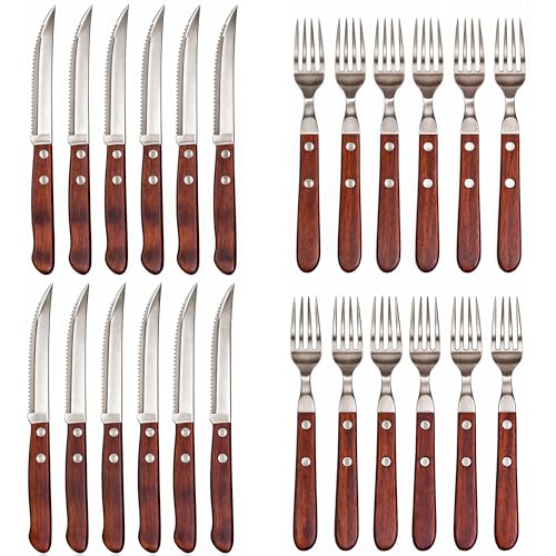 Cubiertos carne acero inoxidable madera 24 uds con cuchillos carne 12 uds y 12 uds de tenedores de carne