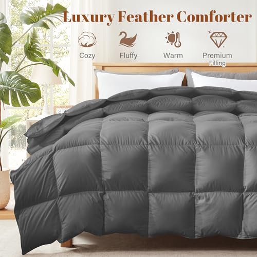 Image of Feather and Down Fiber Comforter Insert King, 100% Cotton Cover | Medium Warmth Grey Duvet Insert, Fluffy Soft Hotel Luxury Bedding for Bedroom, 106 x 90 Inches