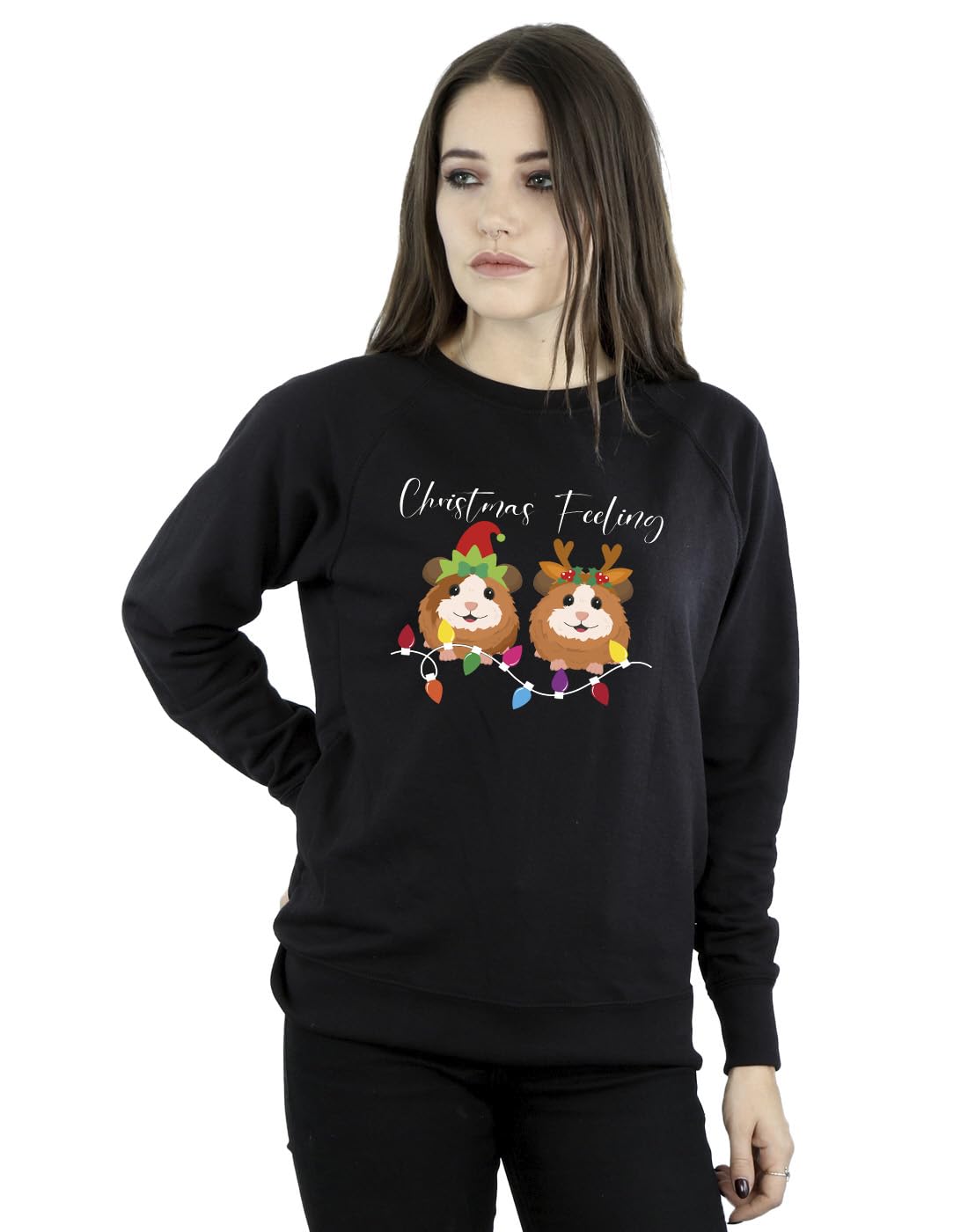 Absolute Cult Women's Black Christmas Guinea Pig Christmas Feeling Sweatshirt Medium