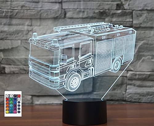 SUPERRUIDALONG Lampe de chevet 3D en forme de camion de pompiers avec télécommande 16 couleurs Illusion de veilleuse en acrylique LED Pour chambre d'enfant...