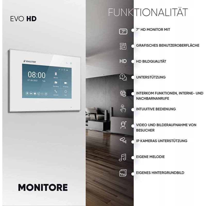 BALTER EVO HD Video Türsprechanlage Black für 1 Familienhaus Kit, 2x Monitor 7"