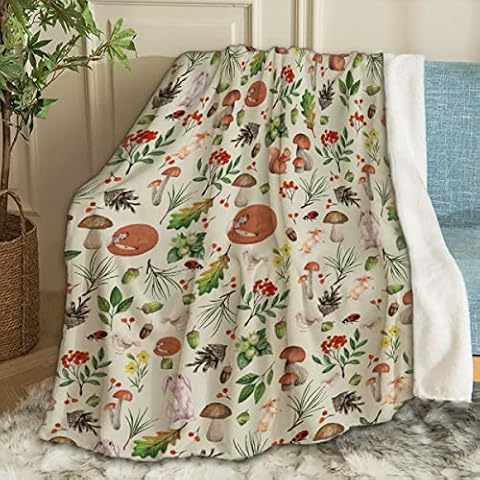 ARTBLANKET Vintage Foxes Rabbits Mushrooms Forest Corner Throw Blanket Fannel Fleece Super Soft Funny Blanket Travel Throw Blanket for Bed Couch Sofa 80 x 60 Inch for Adult Cover