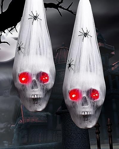 2 Packs Halloween Hanging Decorations Outdoor Skull with 2 Spiders, Lighting Red Eyes, Haunted House Skull Head, Glowing Eyes Creepy Red Eyes for Outside Yard Tree Decors