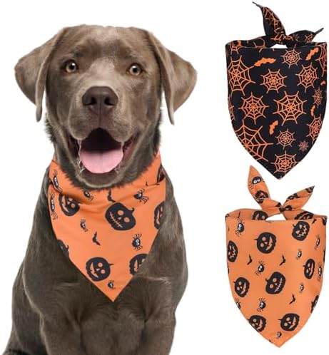 Kytely Halloween Dog Bandanas 2 Pack, Reversible Triangle Dog Bandanas for Boy and Girl, Multiple Sizes Offered, Pumpkin and Spider Web Bibs Fall Pet Scarf, Premium Durable Fabric (Large)
