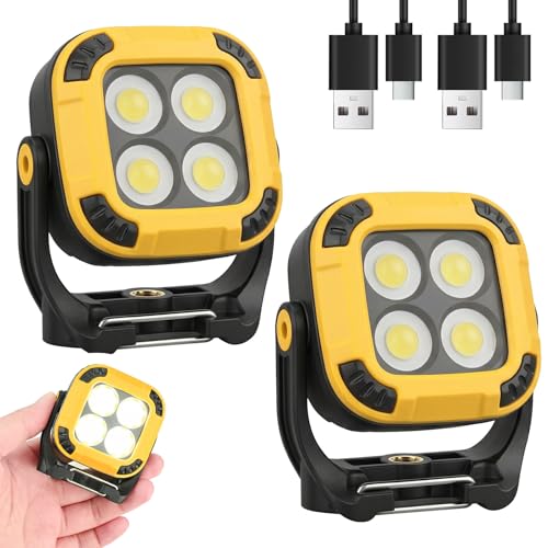 Image of 2 Pack 10W LED Rechargeable Work Light, 500LM Portable Magnetic COB Floodlight, 180° Rotate Work Torch, 4 Light Source & 4 Brightness Levels with Type-C Cable for Garage Camping Hiking Fishing