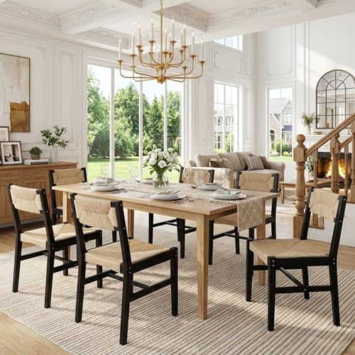 Wahson Coastal Dining Chairs Set of 6, Wood Rattan Dining
