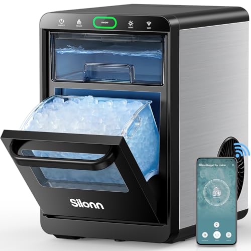 Image of Silonn Nugget Ice Maker Countertop with WiFi Function - 44lbs /24h Crushed Ice Machine, Front Pull-Out Water Tank & Removable Basket, Stainless Steel Finish for Home Kitchen