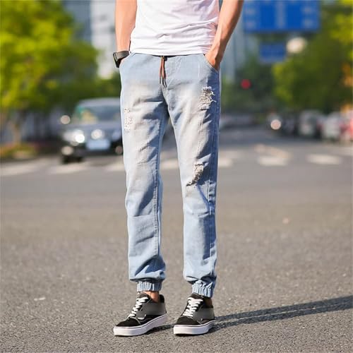 Fashion Drawstring Hip Hop Jeans for Men Casual Lightweight Joggers Denim Pants Washed Street Jean Trousers2