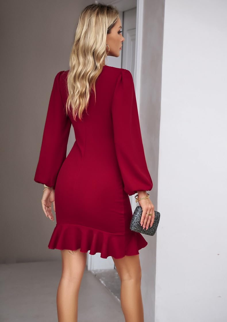 Abito da Donna con Maniche Lunghe Vita Definita Aderente Elegante per Ufficio Unita Abito Donna Cocktail