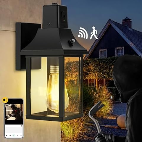 HIHUOS Porch Light with Security Camera Built in Dusk to Dawn Outdoor Lighting - Waterproof Outside Lights Fixture Wall Mount- Exterior Lights for House Garage Front Door Cover