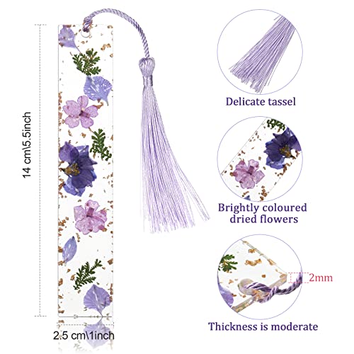 4 Pieces Dried Flower Resin Bookmarks Handmade Transparent Floral Dried Flower Page Marker with Colorful Silky Tassel for Women Girls Adults Kids Graduation (Pink, Light Purple, Golden, Green) - Thumbnail 2