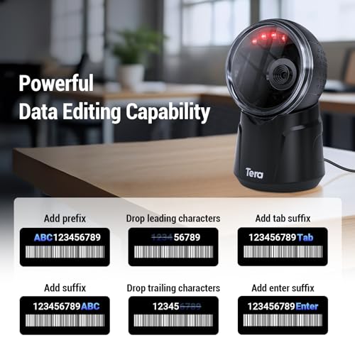 Image of Tera Barcode Scanner Desktop Omnidirectional: 1D 2D QR Hands Free USB Wired Bar Code Reader Adjustable Scan Head Plug and Play for POS Supermarket Retail Store Mobile Payment Model 9000