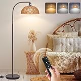 Brilvibera Boho Floor Lamp with Remote – Bronze Tall Lamp with Stepless Dimmable Bulb and Adjustable Rattan Shade for Living Room, Bedroom, Office