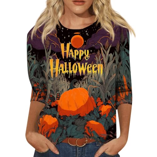Image of Women Spooky Halloween Graphic Shirt 3 /4 Length Sleeve Crewneck Top | Halloween Funny Printed Pumpkin Plus Size Tshirts 2026 Fall Outfits Skeleton Tee Going Out Tops