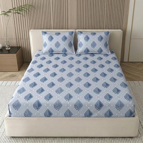 Image of Mafatlal 186 TC Grace Pure Cotton Double Size Bedsheet | 90 x 100 Inch | Soft Breathable Cotton Bed Sheet Set with 2 Pillow Covers | Turquoise Blue