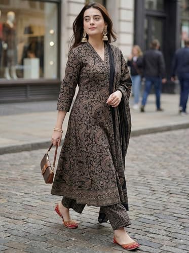 Image of ANNI Designer Women Printed Anarkali Kurta Palazzo Dupatta Set | Viscose Blend Ethnic Outfit | Flared Kurti with Bottom Wear