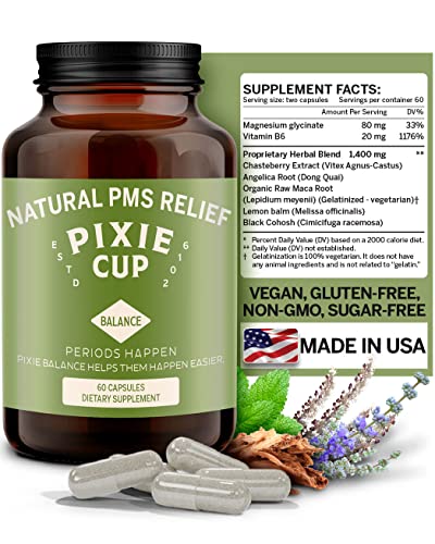 Pixie Balance PMS Relief | Period Relief and PMS Support Supplement for Women with Chasteberry | Supports Cramps, Mood Swings, Bloating, Irritability | Made in The USA | Vegan | 30-Day Supply Pixie Balance PMS Relief | Period Relief and PMS Support Supplement for Women with Chasteberry | Supports Cramps, Mood Swings, Bloating, Irritability | Made in The USA | Vegan | 30-Day Supply