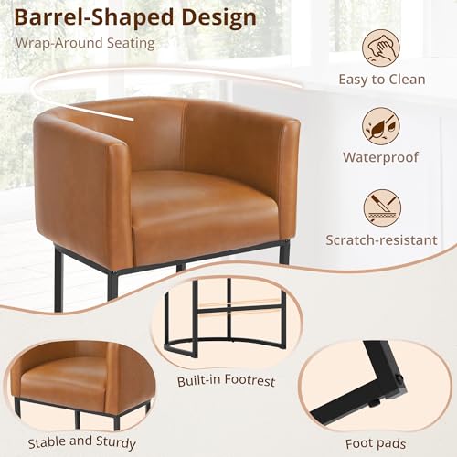 Image of LUE BONA Counter Height Bar Stools Set of 2, Modern Barrel Counter Stools with Backrest and Arms, Black Metal Frames, Faux Leather Upholstered Accent Barstools for Kitchen Island, Yellowish Brown