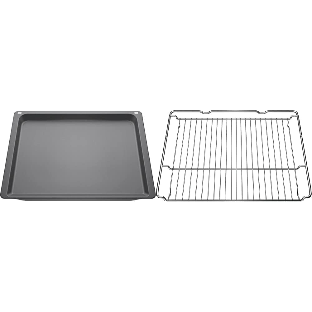 Bosch HEZ631070 / universelles Backblech/emailliert / 37,5 × 45,5 × 3 cm (L × B × H) / anthrazit & Bosch HEZ634000 Zubehör für Backöfen, Kombi-/ Grillrost, Edelstahl, Made in Germany