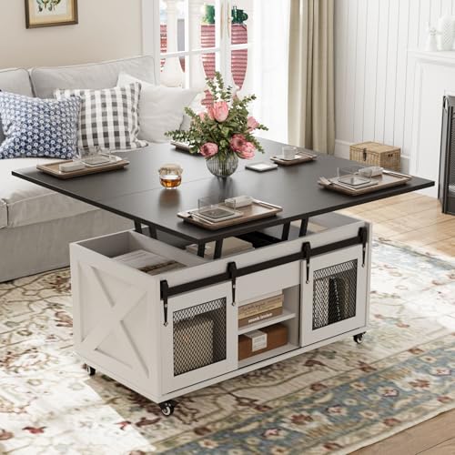 VOWNER Table Basse Relevable, Table de Salon Extensible Multifonctionnelle 3 en 1 avec Roues & Rangement Caché, Convertibleen à Manger de Salon, Style Ferme,...