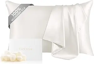 THXSILK 100% Silk Pillowcase for Hair and Skin, Both Sides Grade 6A+ Mulberry Silk Pillow Case with Hidden Zipper, Soft Smooth White Pillowcase(1pc, Queen Size 20"x30")
