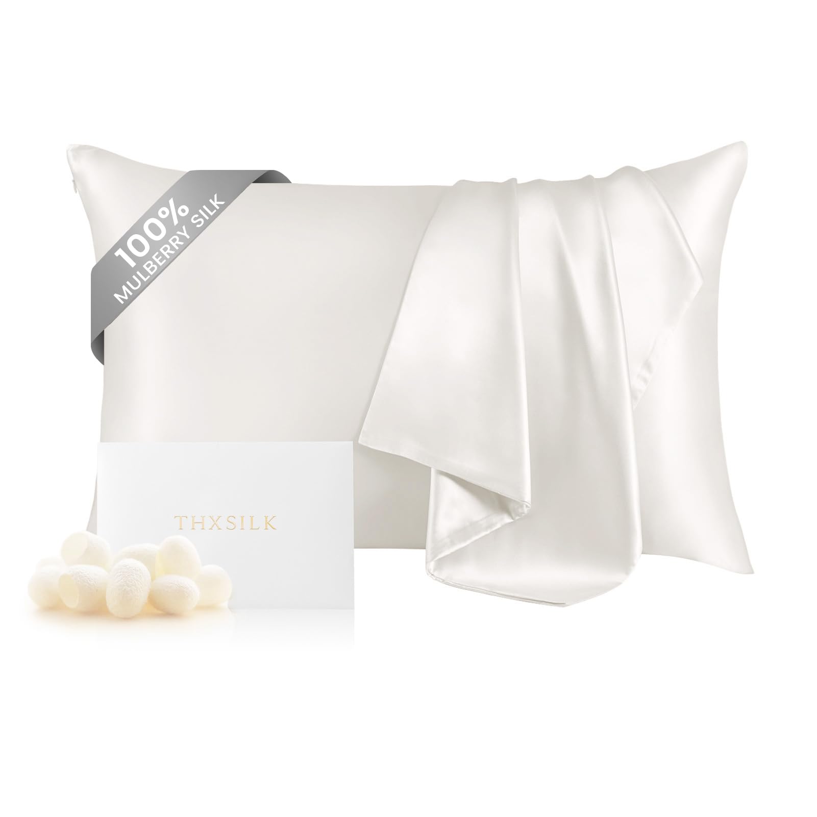 THXSILK 100% Silk Pillowcase for Hair and Skin, Both Sides Grade 6A+ 19 Momme Mulberry Silk Pillow Case with Hidden Zipper, Soft & Smooth White Pillowcases(1pc, Queen Size 20"x30")