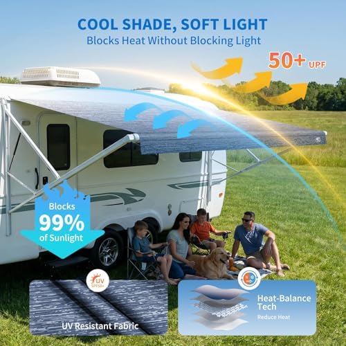 19.5oz Heavy Duty RV Awning Fabric Replacement, 5-Layer Rip-Stop No-Hole Vinyl Awning, Waterproof UV-Resistant RV Canopy for Camper, Trailer & Motorhome, Universal Fit 16FT (Fabric 15'2") - 2
