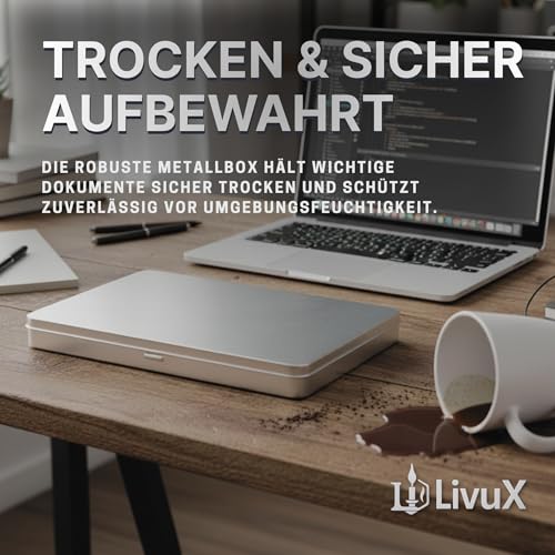 LivuX 2x DIN A4 Metall Dokumenten Aufbewahrungsbox mit Klappdeckel – L31 x B22 x H2,25 cm, stabile Flache Blech-Dose für Fotos, Schutzbox für Urkunden & Unterlagen, Rostfrei, stapelbar, langlebig 1002